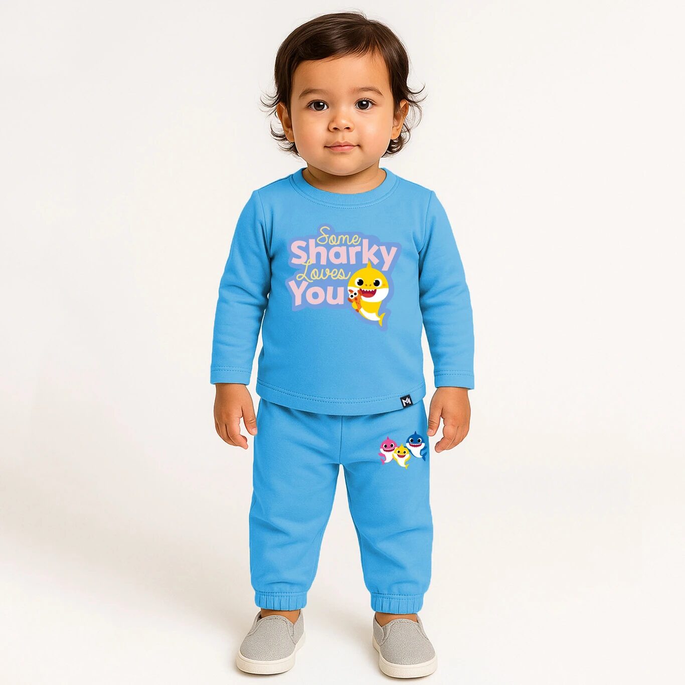 Minute Mirth Baby Girls Baby Shark Fleece Sweatshirt & Jogger Set (Blue, Pack Of 1)