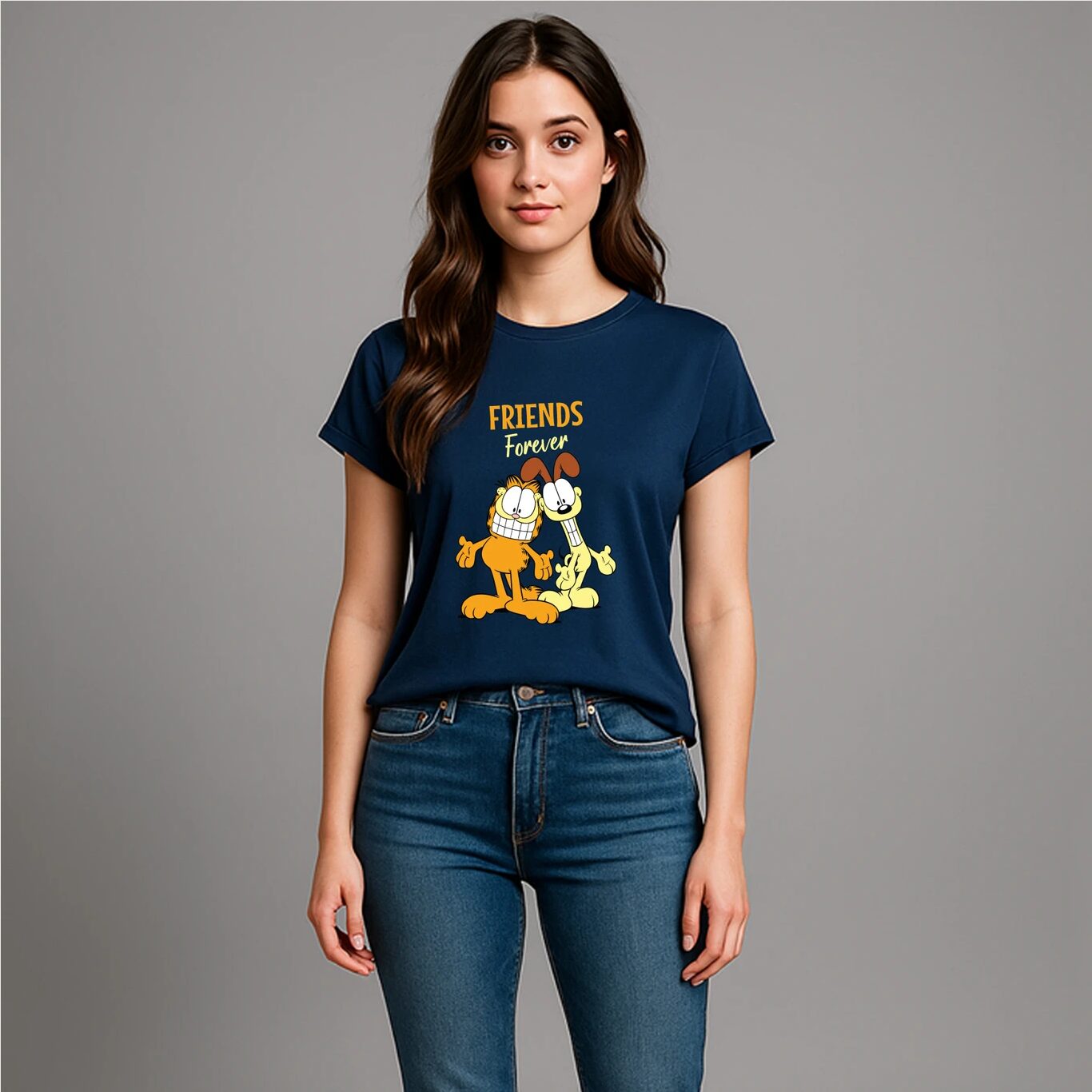 MINUTE MIRTH Women’s “Friends Forever” Garfield Printed Pure Cotton Regular Fit T-Shirt (Navy Blue, Pack of 1)