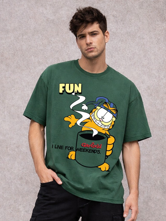 Minute Mirth Men’s Garfield Printed Cotton Oversized T-shirt (Green, Pack Of 1)
