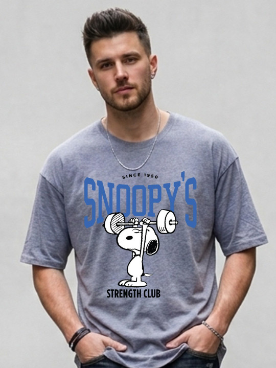 MINUTE MIRTH Men’s “Snoopy’s Strength Club” Peanuts Printed Cotton Regular Fit Round Neck T-Shirt (Mauve, Pack of 1)