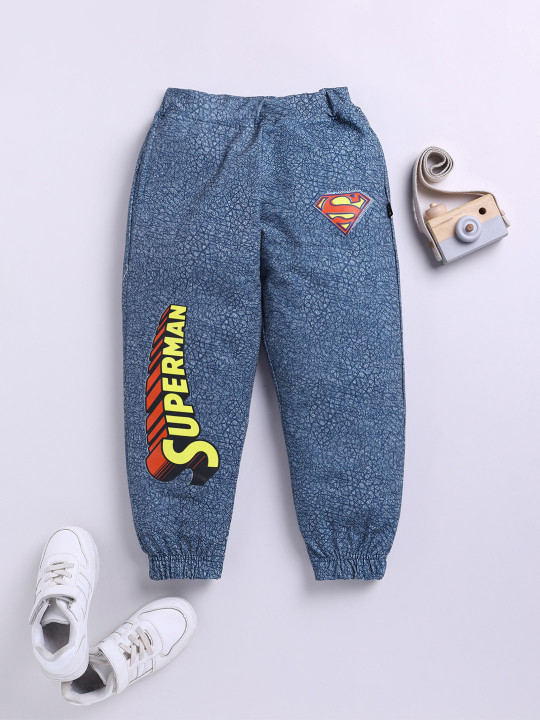 Minute Mirth Boys Superman Cotton Printed Joggers (Blue, Pack Of 1)