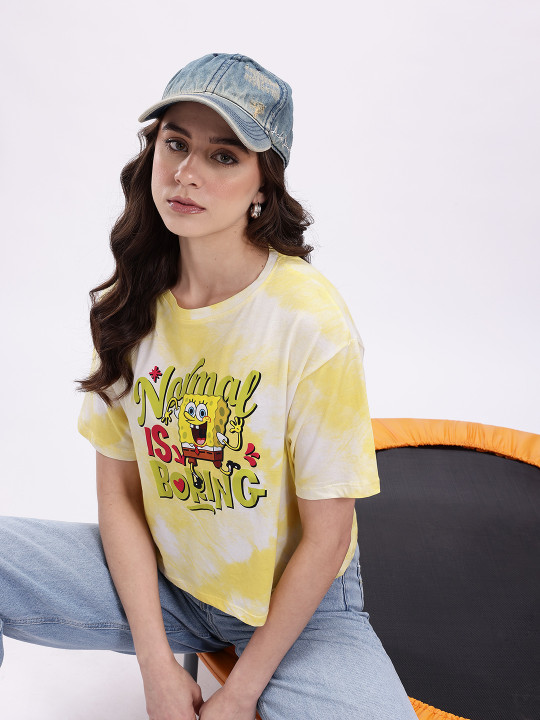 Minute Mirth Women Cotton Spongebob Printed Crop Boxy T-shirt (Yellow, Pack Of 1)