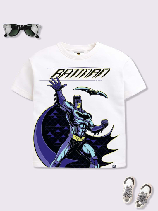 Minute Mirth Boys Batman Printed Pure Cotton Oversized T-shirt (White, Pack Of 1)