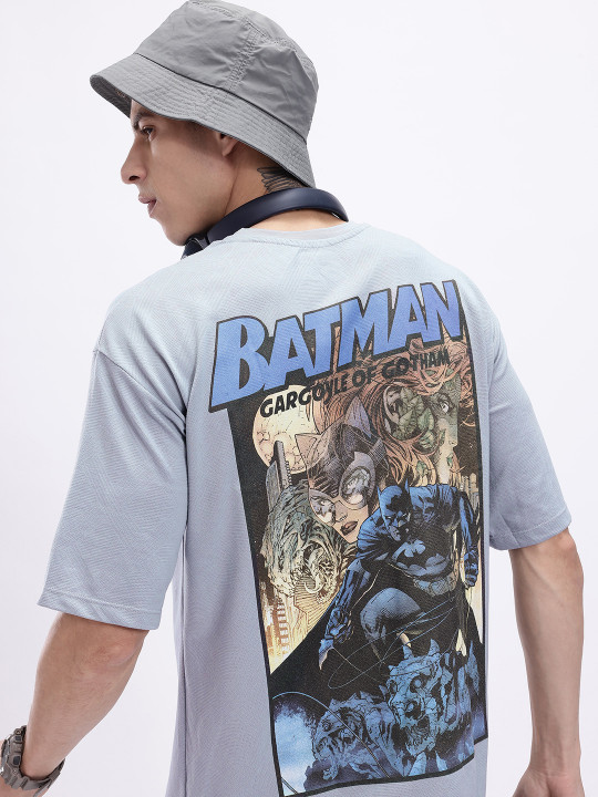 Minute Mirth Men’s Cotton Blend Batman Printed Oversized T-Shirt (Grey, Pack Of 1)