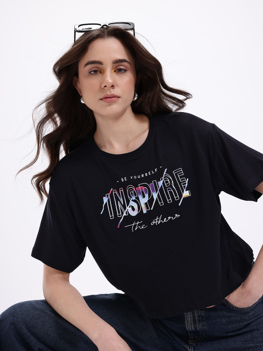 Minute Mirth Women’s Typography Printed Polyester Boxy T-shirt (Black, Pack Of 1)