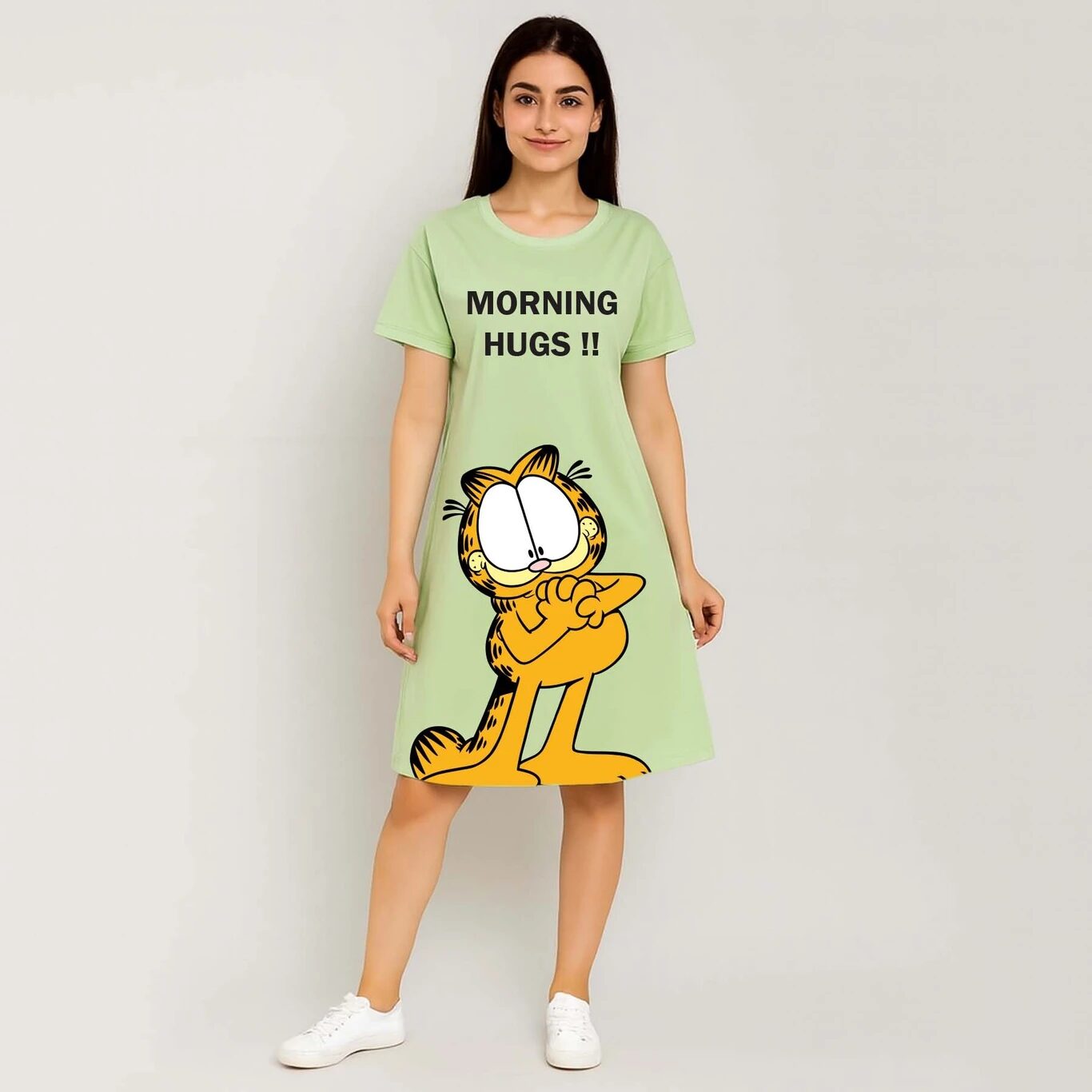 MINUTE MIRTH Women’s “Morning Hugs” Garfield Printed Pure Cotton A-Line Dress (Green, Pack of 1)
