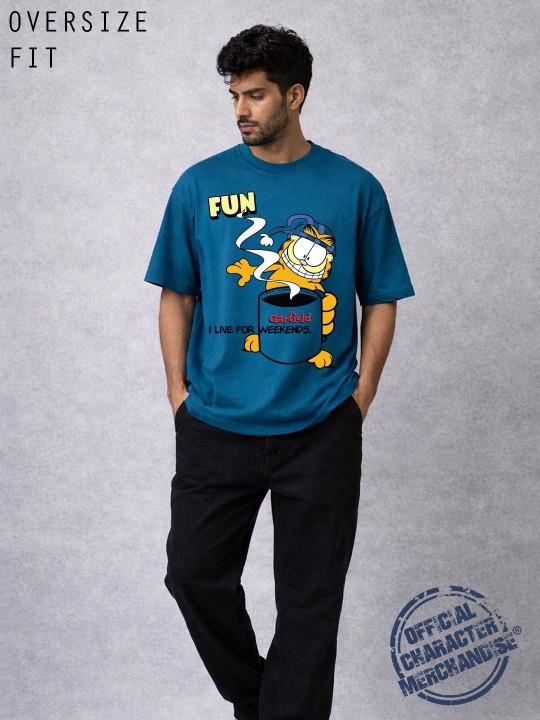 Minute Mirth Men’s Garfield Printed Cotton Oversized T-shirt (Teal, Pack Of 1)