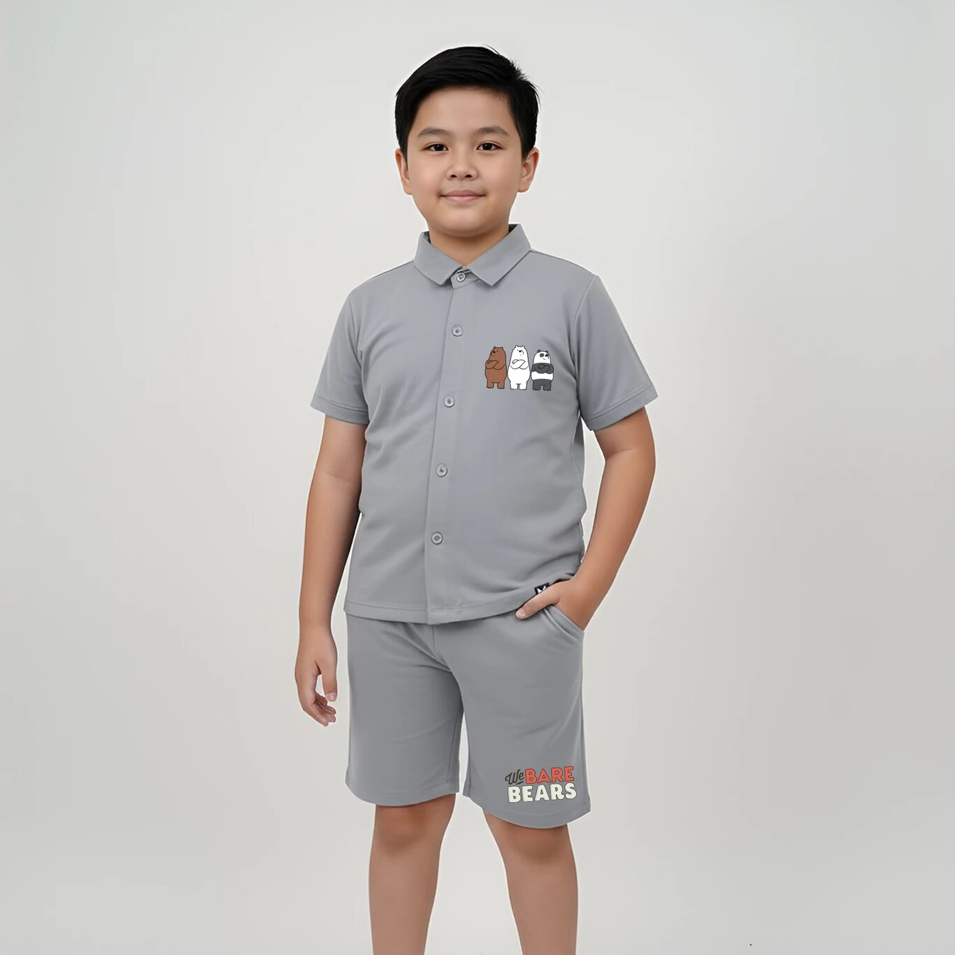 Minute Mirth Boys We Bare Bears Jacquard T-shirt & Shorts Set (Grey, Pack Of 1)