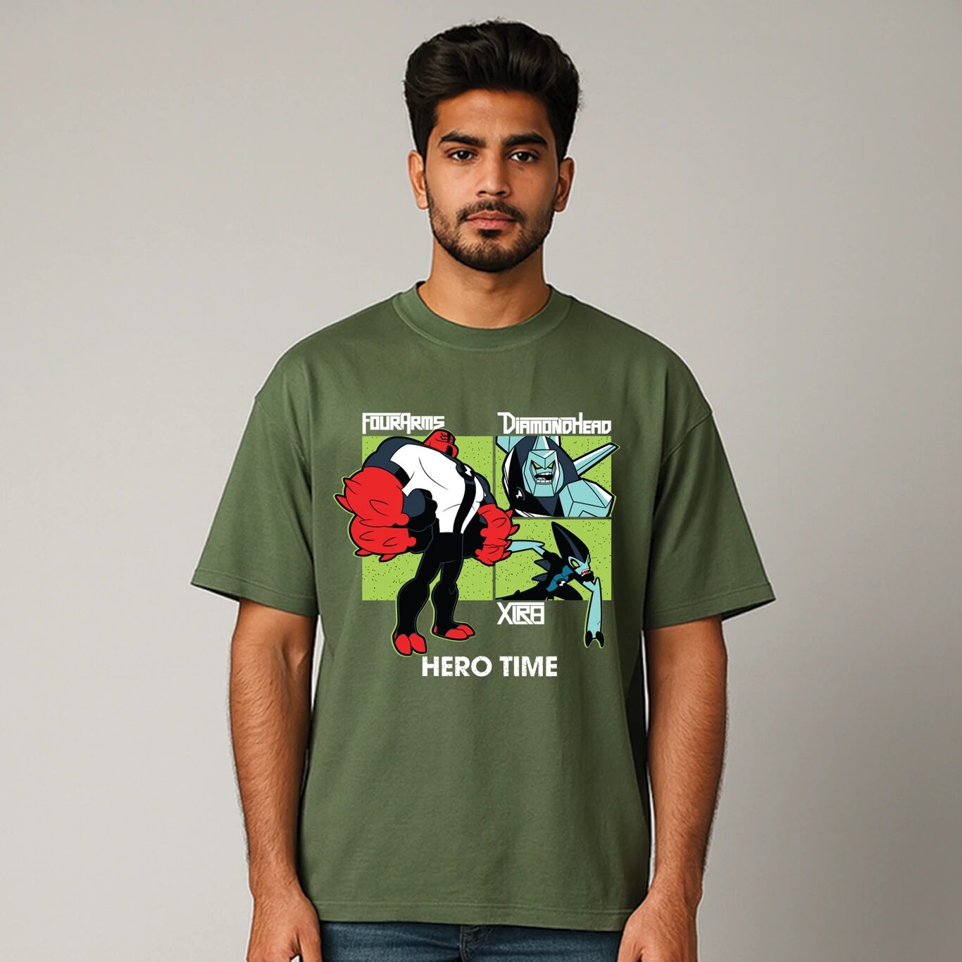 MINUTE MIRTH Men’s Ben 10 “Hero Time” Printed Cotton Regular Fit Round Neck T-Shirt (Olive, Pack of 1)