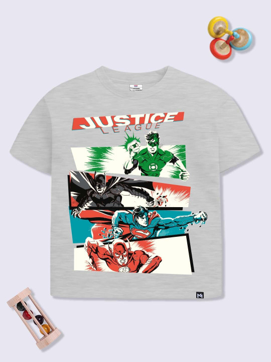 Minute Mirth Boys Justice League Printed Pure Cotton Oversized T-shirt (Grey, Pack Of 1)