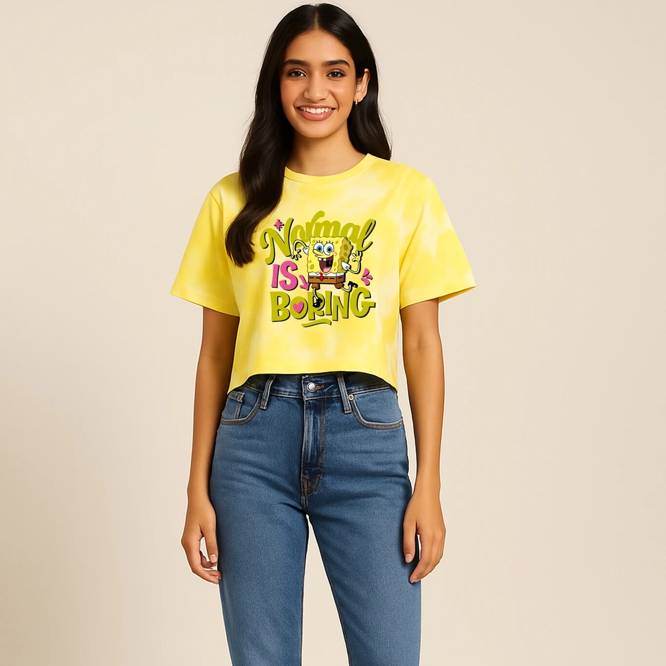 Minute Mirth SpongeBob Printed Pure Cotton T-Shirt For Women (Yellow, Pack Of 1)