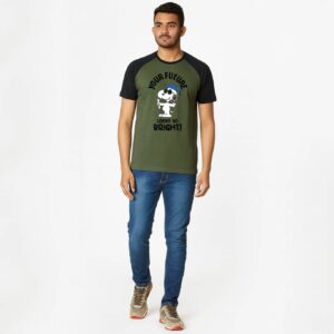 Minute Mirth Peanuts Printed Cotton Blend T-Shirt For Men (Olive, Pack Of 1)