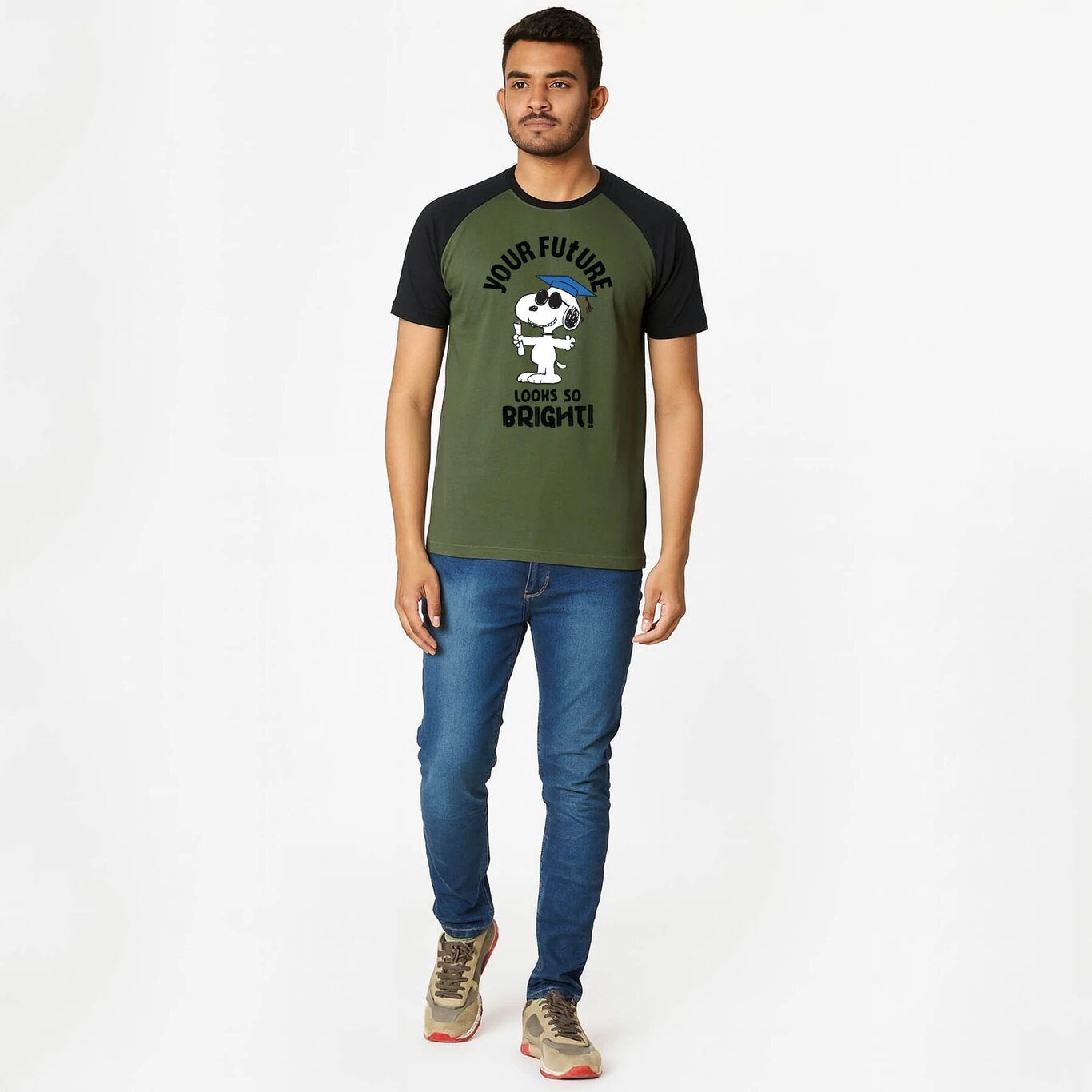 Minute Mirth Peanuts Printed Cotton Blend T-Shirt For Men (Olive, Pack Of 1)