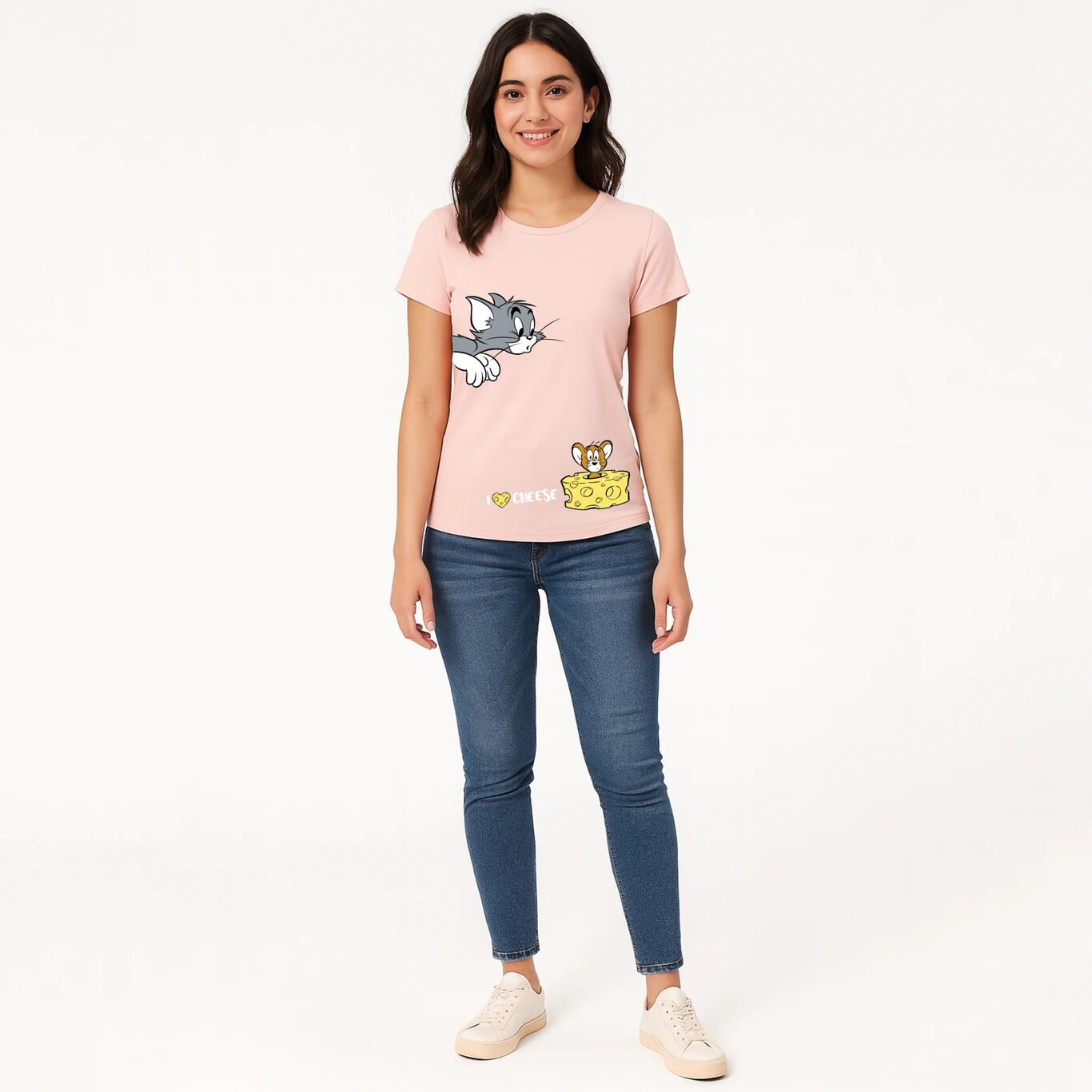 MINUTE MIRTH Women’s “I ❤️ Cheese” Tom & Jerry Printed Pure Cotton Regular Fit T-Shirt (Peach, Pack of 1)