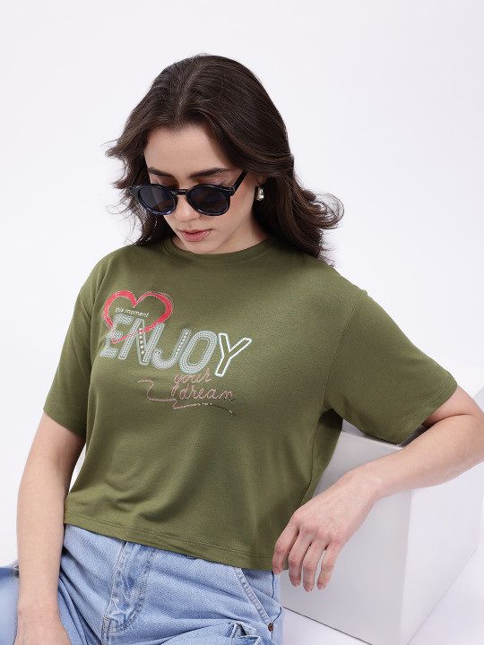Minute Mirth Women Polyester Typography Printed Crop Boxy T-shirt (Olive Green, Pack Of 1)