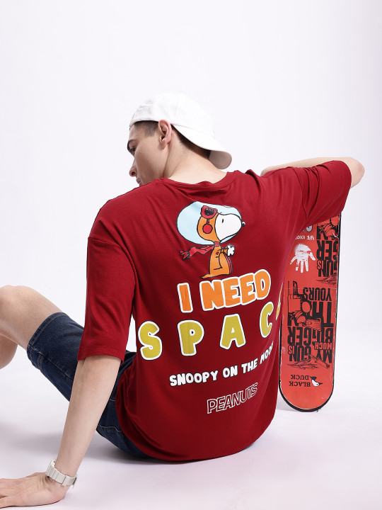 Minute Mirth Men’s Polyester Snoopy Printed Oversized T-Shirt (Maroon, Pack Of 1)