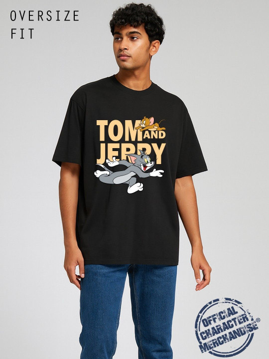 Minute Mirth Men’s Tom & Jerry Printed Cotton Blend Oversized T-shirt (Black, Pack Of 1)