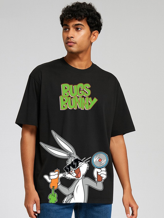 Minute Mirth Men’s Bugs Bunny Printed Cotton Oversized T-shirt (Black, Pack Of 1)