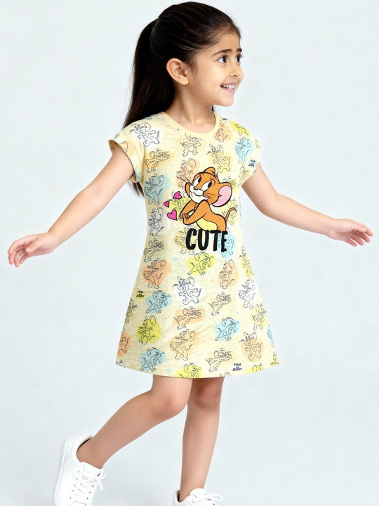 Minute Mirth Girls Tom & Jerry Cotton Fit & Flare Dress (Multicolor, Pack Of 1)
