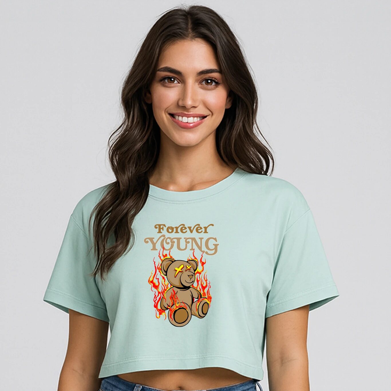 MINUTE MIRTH Women’s “Forever YOUNG” Teddy Bear Graphic Printed Cotton Blend Boxy Fit Round Neck Top (Green, Pack of 1)