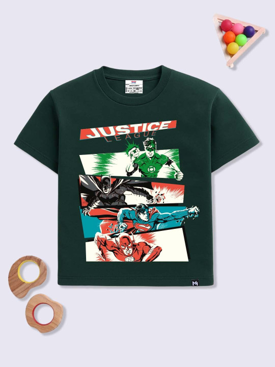 Minute Mirth Boys Justice League Printed Pure Cotton Oversized T-shirt (Green, Pack Of 1)