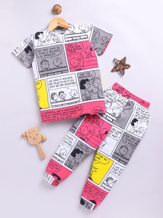 Minute Mirth Peanuts Boys Printed Pure Cotton T-shirt & Joggers Set (Multicolour, Pack Of 1)