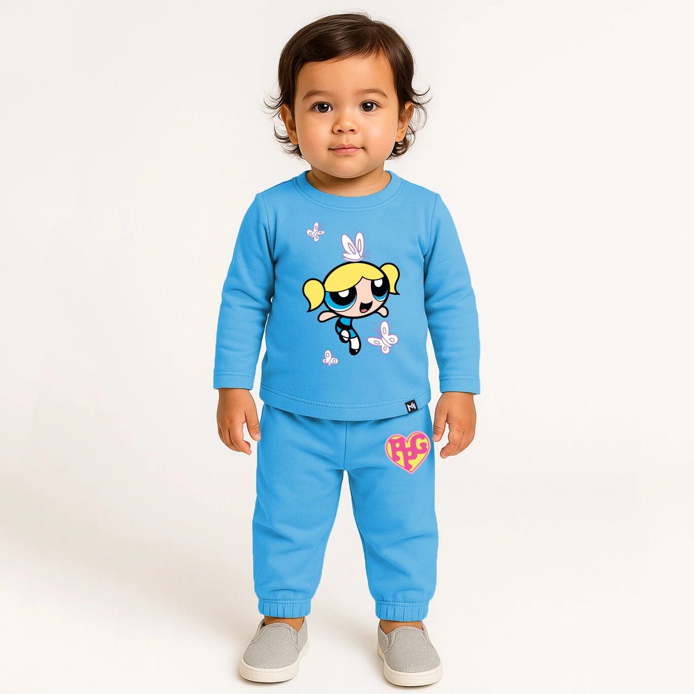 Minute Mirth Baby Girls Powerpuff Girls Fleece Sweatshirt & Jogger Set (Blue, Pack Of 1)