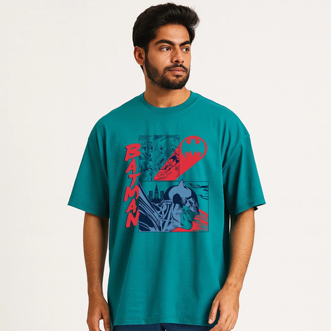 MINUTE MIRTH Men’s Batman Comic Printed Cotton Regular Fit Round Neck T-Shirt (Teal, Pack of 1)