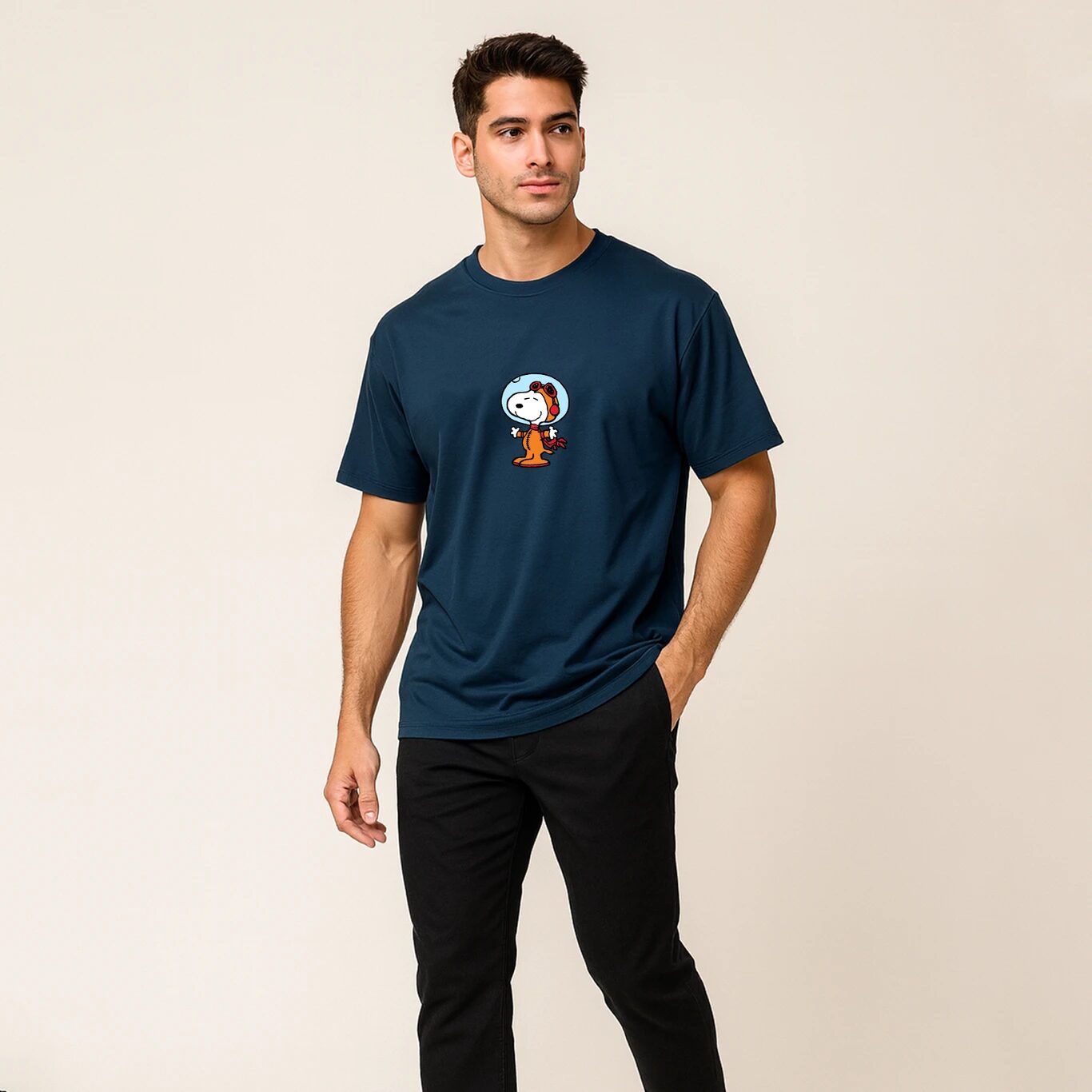 Minute Mirth Men Peanuts Graphic Print Cotton Blend T-Shirt (Dark Blue, Pack Of 1)