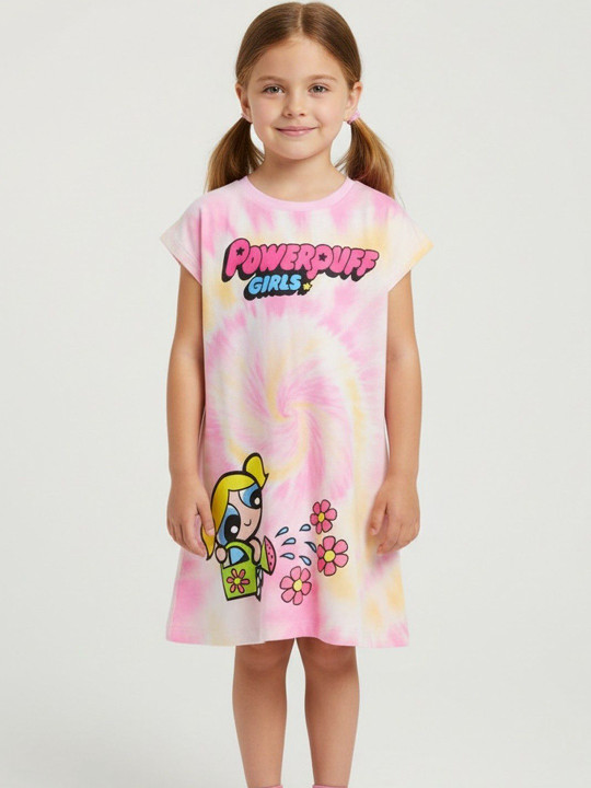 Minute Mirth Girls Powerpuff Girls Cotton Fit & Flare Dress (Multicolor, Pack Of 1)