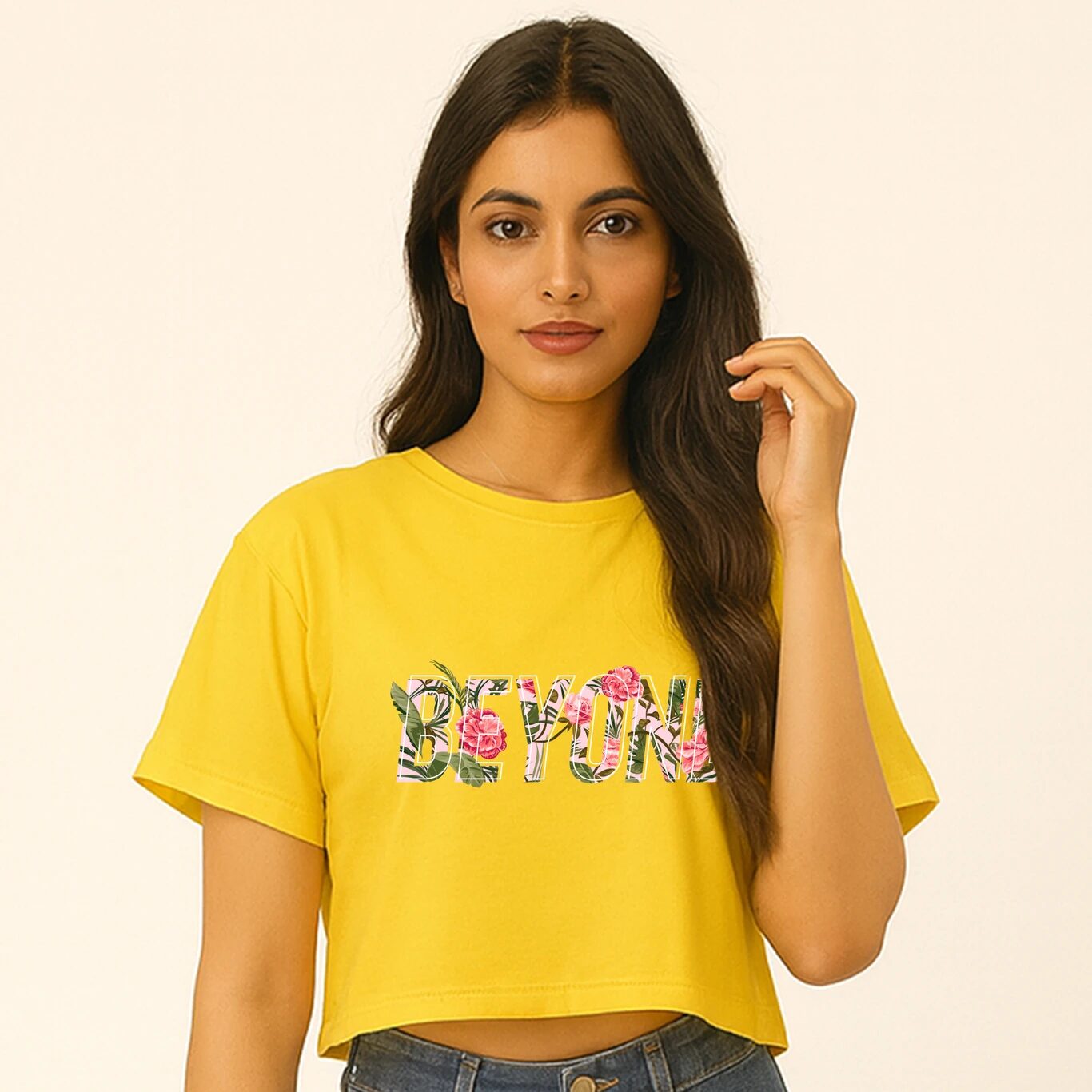 MINUTE MIRTH Women’s “BEYOND” Floral Typography Printed Cotton Blend Boxy Fit Round Neck Top (Yellow, Pack of 1)