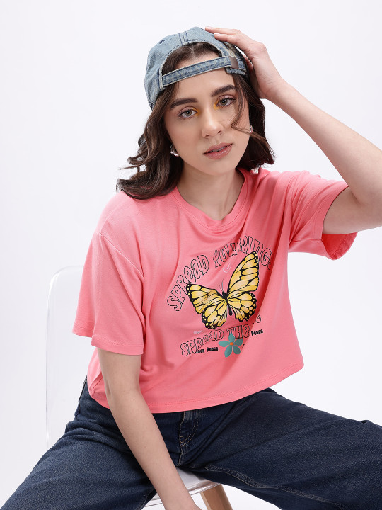 MINUTE MIRTH Women’s Graphic Printed Cotton Blend Boxy Fit Top (Pink, Pack of 1)