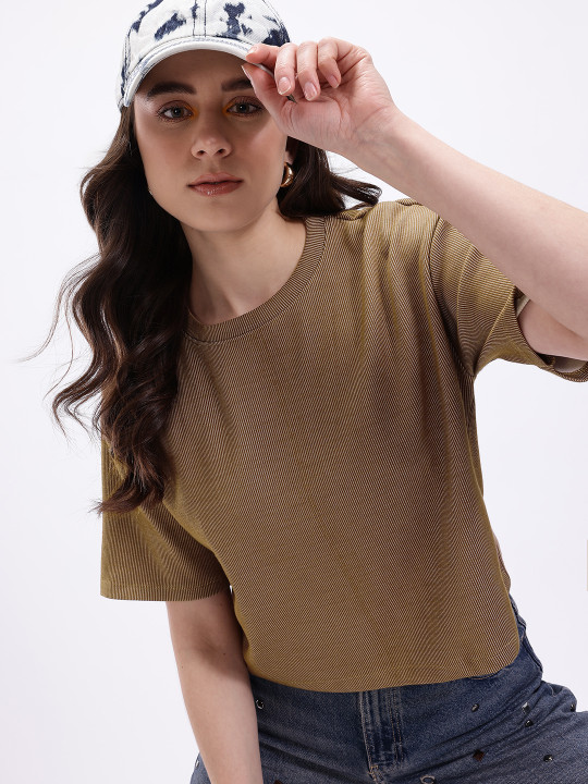 MINUTE MIRTH Women’s Solid Cotton Blend Regular Fit Round Neck Half Sleeve Crop Top (Brown, Pack of 1)