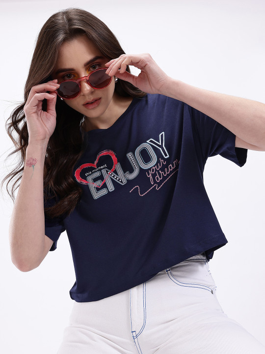 Minute Mirth Women Polyester Typography Printed Crop Boxy T-shirt (Navy Blue, Pack Of 1)