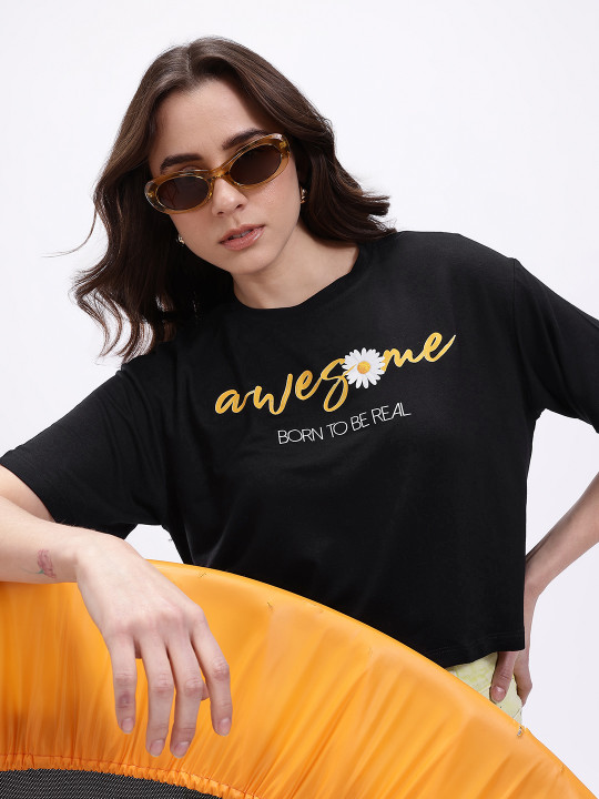 Minute Mirth Women Polyester Typography Crop Boxy T-shirt (Black, Pack Of 1)