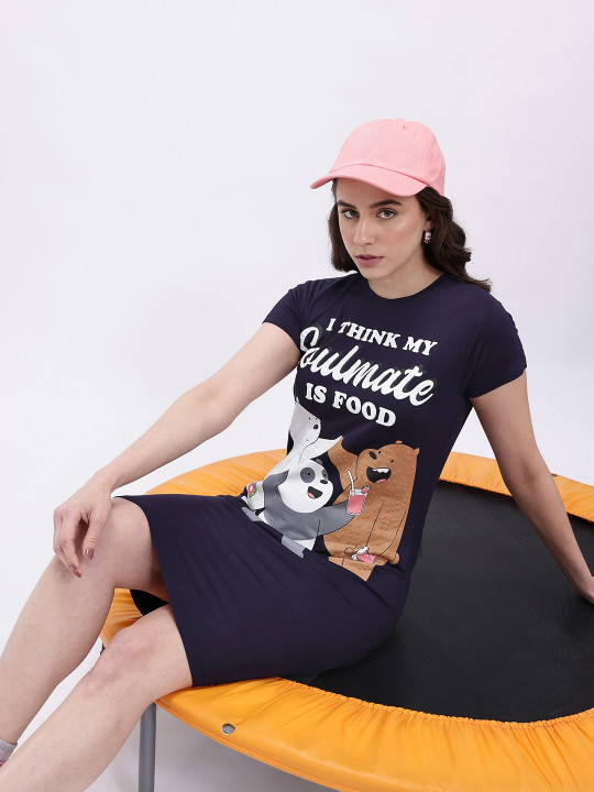 Minute Mirth We Bare Bears Printed A-Line Dress For Women (Dark Blue, Pack Of 1)