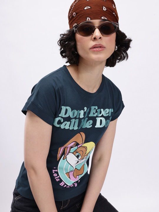 Minute Mirth Women Cotton Polyester Looney Tunes Printed T-shirt (Navy Blue, Pack Of 1)