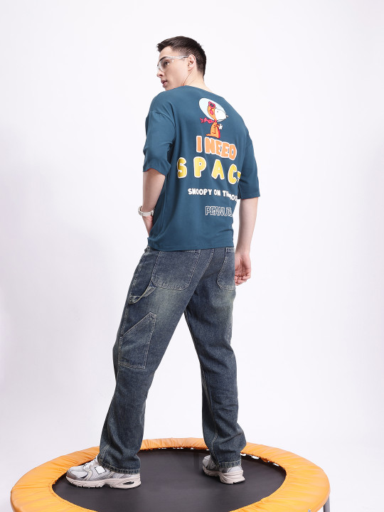 Minute Mirth Men’s Polyester Peanuts Printed Oversized T-Shirt (Teal, Pack Of 1)