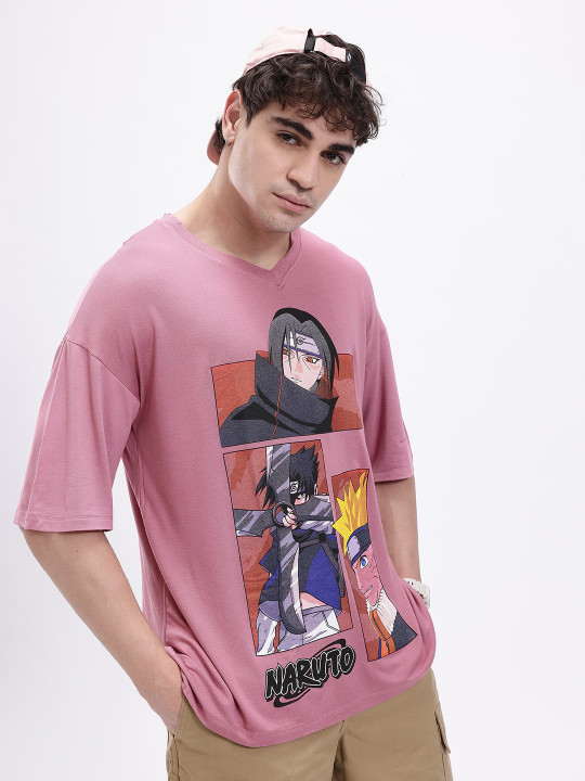 Minute Mirth Men’s Polyester Naruto Printed Oversized V-Neck T-Shirt (Pink, Pack Of 1)