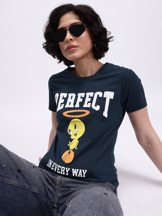 Minute Mirth Women Cotton Looney Tunes Typography Printed T-shirt (Navy Blue, Pack Of 1)