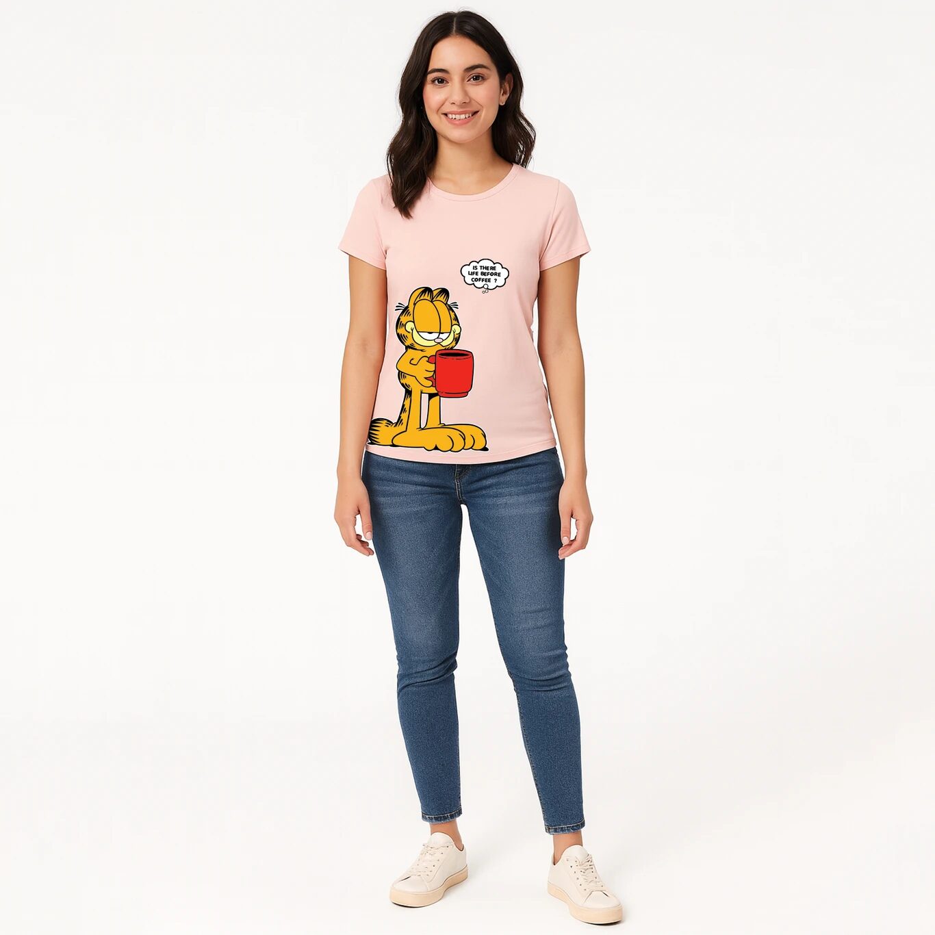MINUTE MIRTH Women’s “Is There Life Before Coffee?” Garfield Printed Pure Cotton Regular Fit T-Shirt (Peach, Pack of 1)