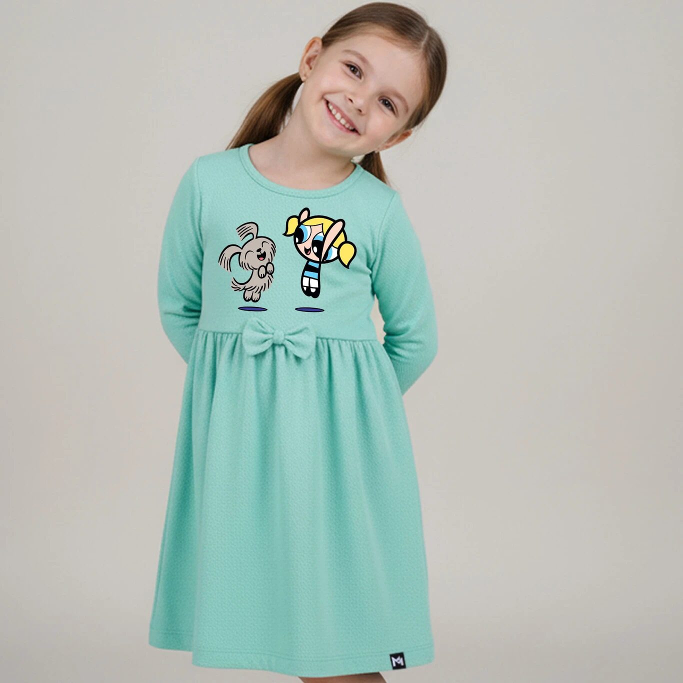 Minute Mirth Girls Powerpuff Girls Cotton Frock (Sea Green, Pack Of 1)