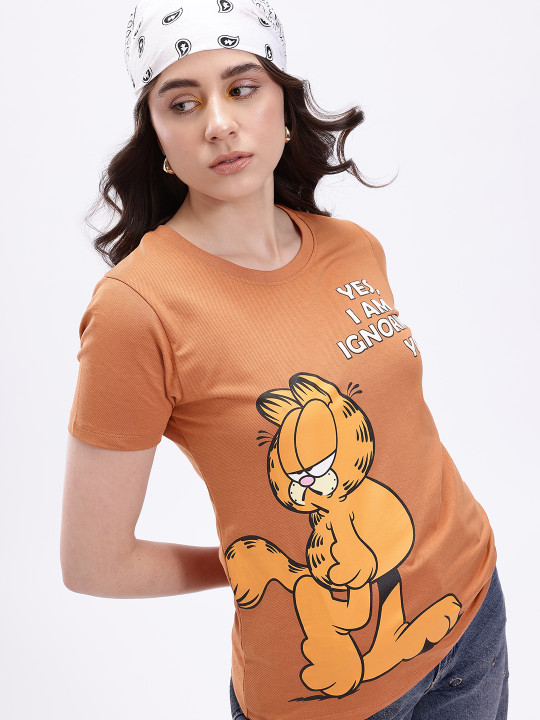 MINUTE MIRTH Women’s Garfield Printed Cotton Blend Regular Fit T-Shirt (Rust, Pack of 1)