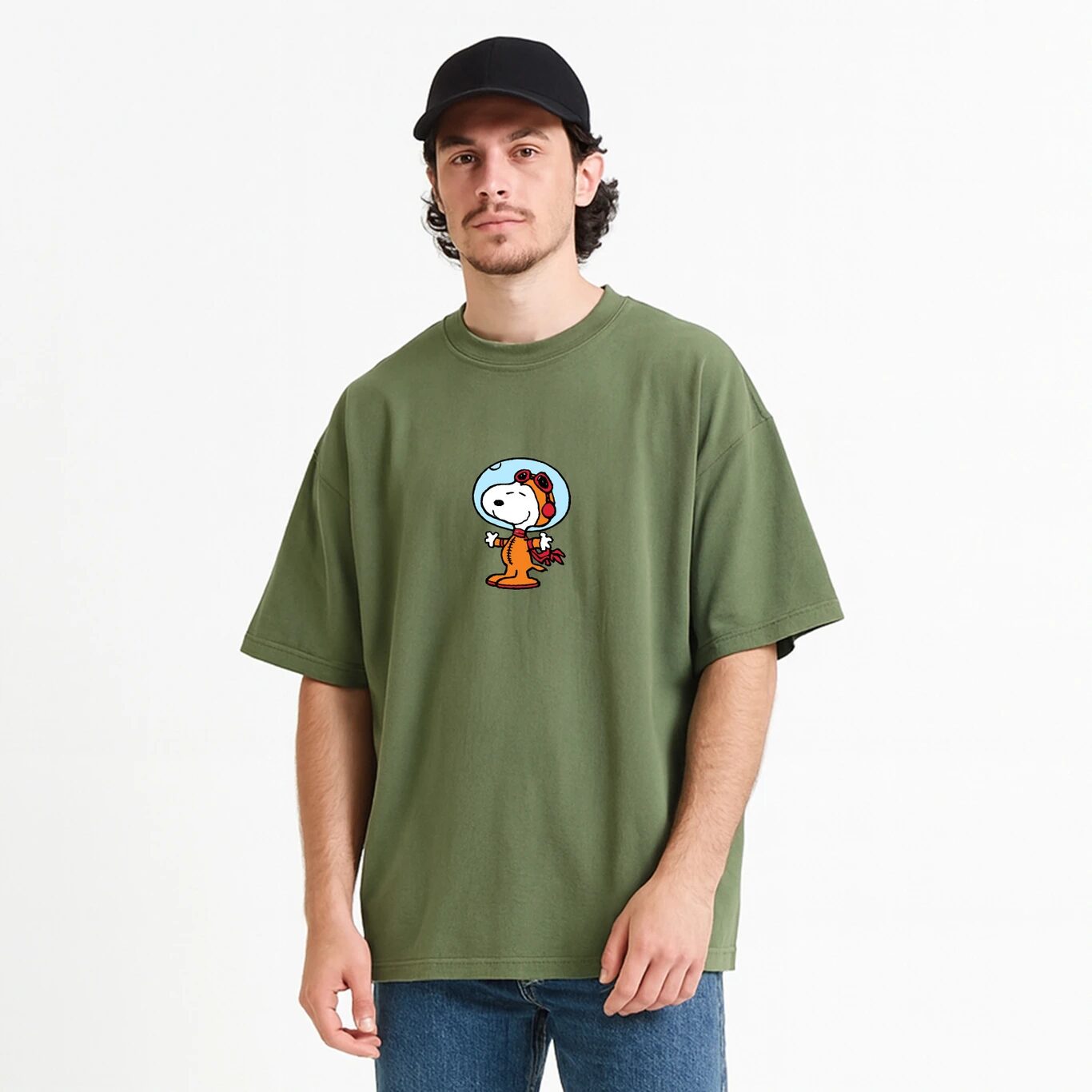 Minute Mirth Men Peanuts Graphic Print Cotton Blend T-Shirt (Olive, Pack Of 1)