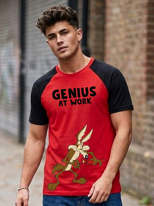 Minute Mirth Men’s Typography Colourblocked Cotton Blend Regular Fit T-shirt (Red, Pack Of 1)