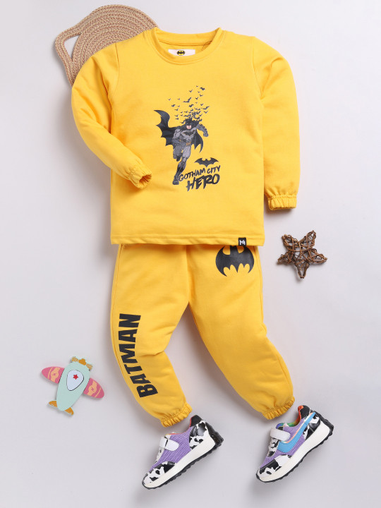Minute Mirth Boys Batman Printed Pure Cotton T-shirt & Joggers Set (Yellow, Pack Of 1)