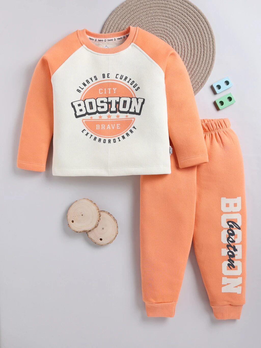 Tinyo Boys “City Boston” Graphic Print Fleece Raglan Sweatshirt and Sweatpant Set (Orange, Pack of 1)