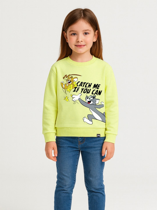 Minute Mirth Girls Tom & Jerry Fleece Printed Sweatshirt (Lime Green, Pack Of 1)