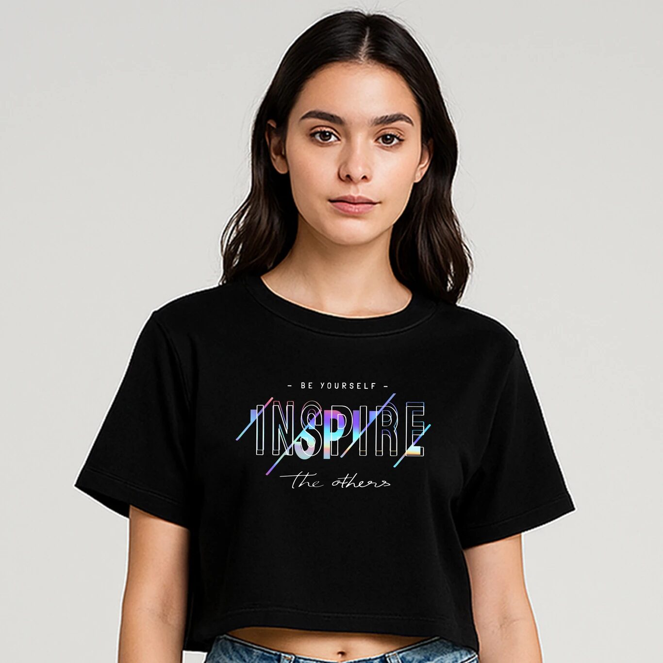 MINUTE MIRTH Women’s “INSPIRE the others” Typography Printed Cotton Blend Boxy Fit Round Neck Top (Black, Pack of 1)