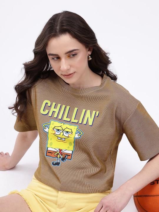 Minute Mirth Women Cotton Polyester Spongebob Printed Boxy T-shirt (Brown, Pack Of 1)
